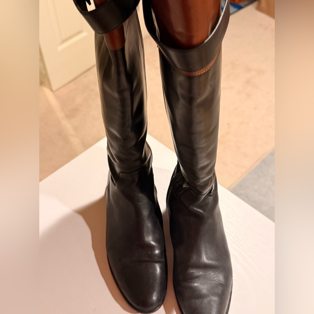 Cole Haan Black Leather Knee-High Boots with Brown Trim
